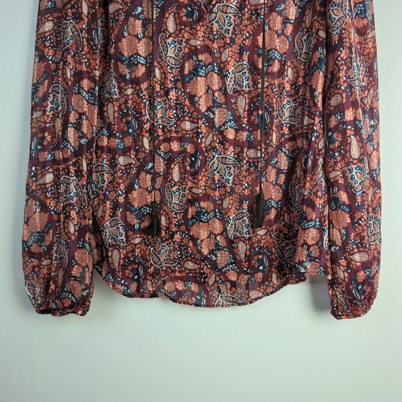 Lucky Brand Women's Sheer Maroon Multicolor Paisley Print Peasant Blouse Size XS - Picture 4 of 6